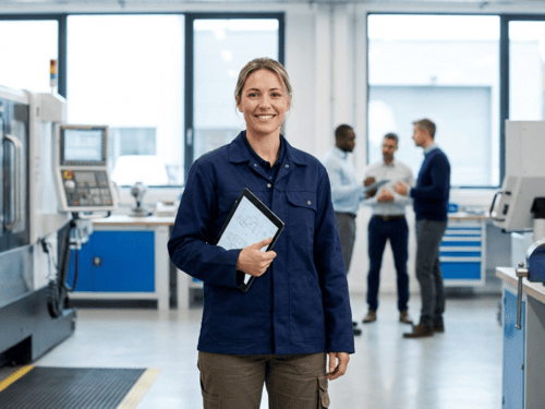 Selbstbewusste weibliche Fachkraft in moderner Arbeitskleidung aus dem handwerklich-technischen Bereich, realistisch dargestellt. Sie steht ruhig und fokussiert in einer sauberen, zeitgemäßen Umgebung mit weichem Tageslicht. Die Szene vermittelt Professionalität, Kompetenz, Zukunftsorientierung und Stolz auf qualifizierte Arbeit, ohne Klischees oder überzeichnete Gesten.