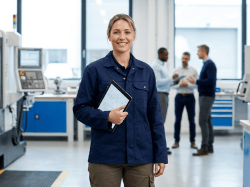 Selbstbewusste weibliche Fachkraft in moderner Arbeitskleidung aus dem handwerklich-technischen Bereich, realistisch dargestellt. Sie steht ruhig und fokussiert in einer sauberen, zeitgemäßen Umgebung mit weichem Tageslicht. Die Szene vermittelt Professionalität, Kompetenz, Zukunftsorientierung und Stolz auf qualifizierte Arbeit, ohne Klischees oder überzeichnete Gesten.