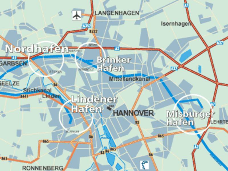 Die städtischen Häfen sind auf der Übersichtskarte von Hannover mit weißen Umrandungen markiert