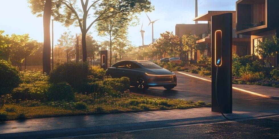 Modernes Elektroauto lädt an einer Ladestation in einer nachhaltigen Wohnsiedlung mit viel Grün und erneuerbarer Energie durch Windkraftanlagen im Hintergrund. Die Szene ist in warmes Sonnenlicht getaucht