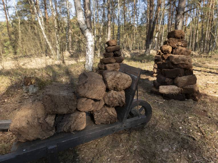 Hölzerner Schubkarren mit Torfblöcken und zwei Stapel rechteckiger Torfblöcke